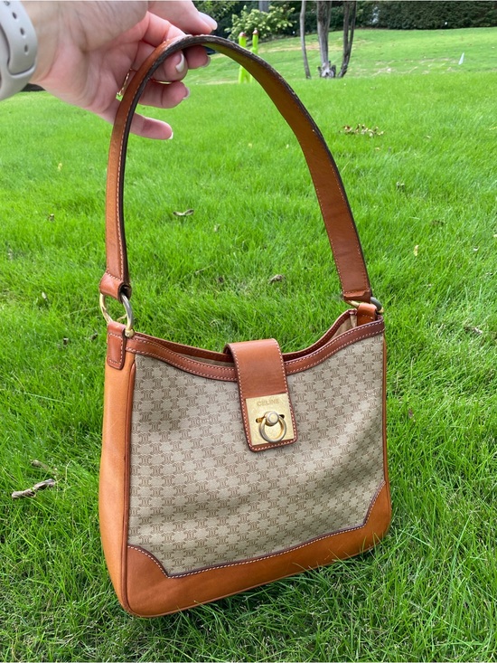 Celine Handbags - Celine Brown Leather & Beige Canvas Shoulder Bag